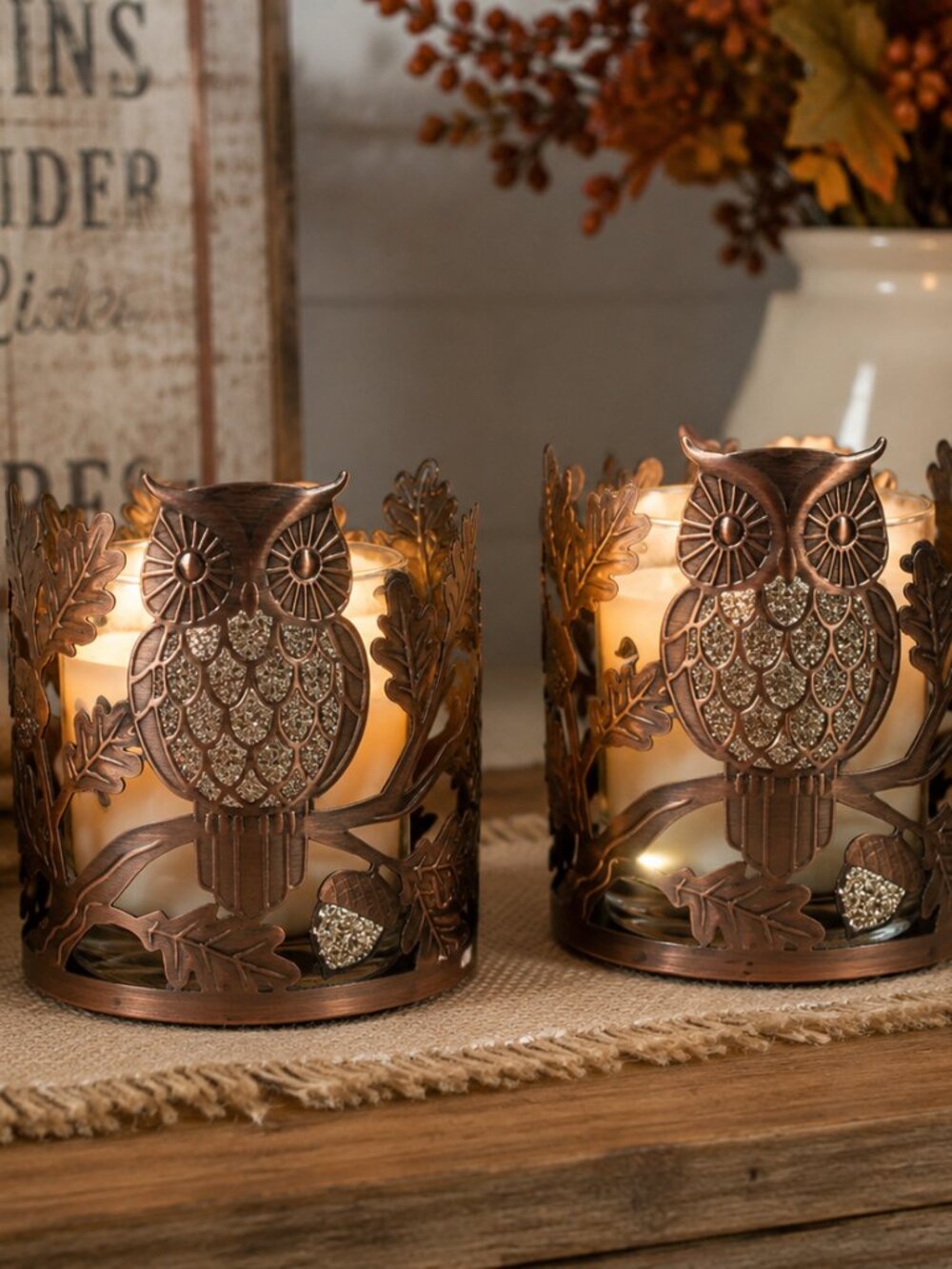 Bath & Body Works Retired Owl Acorn Single Wick Candle Holder Set of 2